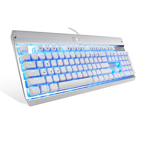 Book Cover Eagletec KG011 Mechanical Keyboard Wired Ergonomic Clicky Blue Switch Equivalent for Office PC Home or Business (White Keyboard Blue LED Backlit)