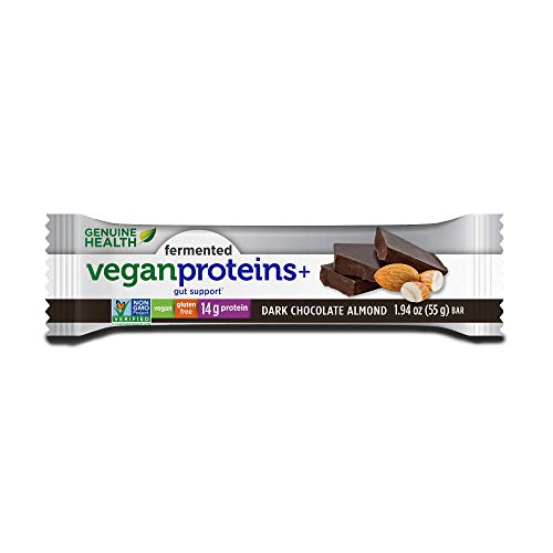 Book Cover Genuine Health Fermented Vegan Proteins+ Bar, Dark Chocolate Almond, 14g Protein, Gluten Free, 12 Count