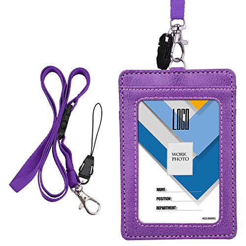 Book Cover Badge Holder, Wisdompro 2-Sided PU Leather ID Badge Card Holder Wallet Case with 1 Clear ID Window and 1 Credit Card Slot and 22 Inch Quick Rlease Detachable Neck Lanyard Strap - Purple (Vertical)