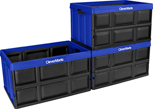 Book Cover CleverMade 62L Collapsible Storage Bins - Durable Folding Plastic Stackable Utility Crates, Solid Wall CleverCrates, 3 Pack, Royal Blue