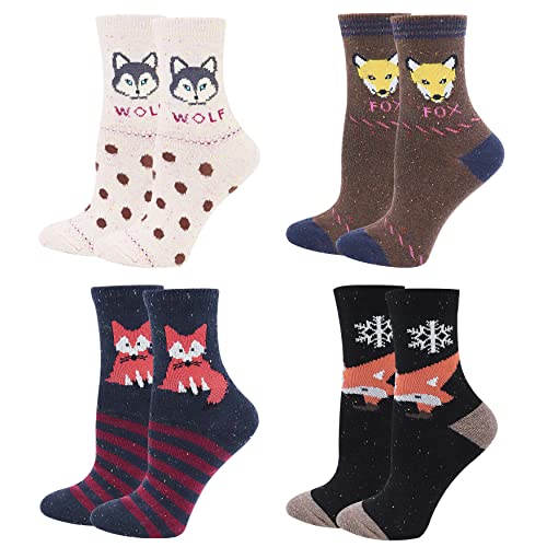Book Cover Bienvenu Colorful Women's Cotton Socks with Cartoon Animals Fox and Wolf, Pack of 4 Pairs