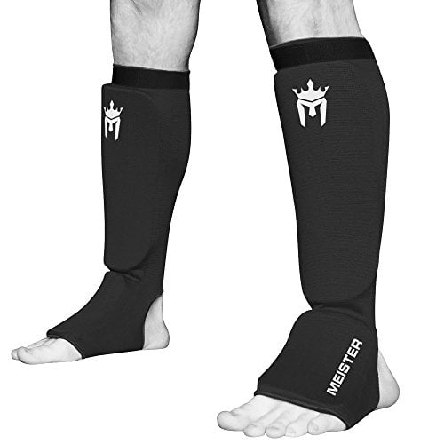 Book Cover Meister MMA Elastic Cloth Shin & Instep Padded Guards (Pair) - Black - Small/Medium
