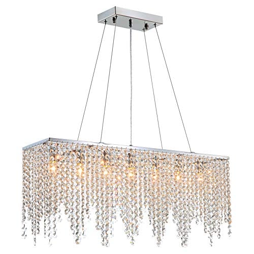 Book Cover 7PM Rectangle Crystal Chandelier Modern Chrome Chandeliers Contemporary Raindrop Hanging Lighting Fixture for Dining Room Kitchen Island 31.5 Inch