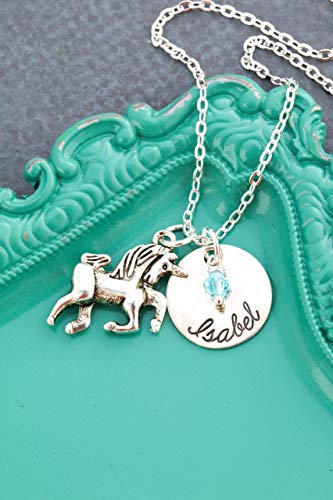Book Cover Personalized Unicorn Necklace - Custom Birthstone Handstamped Name - Little Girls Gift Fantasy - 5/8 Inch 15MM Disc - DII AAA