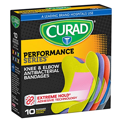 Book Cover Curad Performance Series Knee and Elbow Extreme Hold Antibacterial Fabric Bandages, 10 Count
