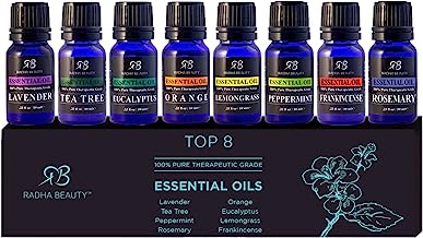 Book Cover Radha Beauty Aromatherapy Top 8 Essential Oils 100% Pure & Therapeutic Grade - Basic Sampler Gift Set & Kit (Lavender, Tea Tree, Eucalyptus, Lemongrass, Orange, Peppermint, Frankincense and Rosemary)