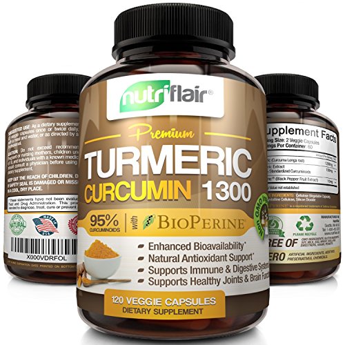 Book Cover NutriFlair Premium Turmeric Curcumin Supplement (1300mg) with BioPerine Black Pepper (120 Capsules, 60 Day Supply) - Powerful Joint Pain Relief, Anti-Inflammatory Antioxidant - GMO and Allergen Free