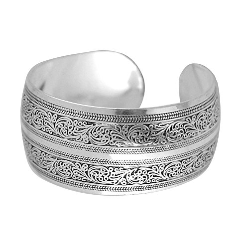 Book Cover BODYA Tibeten Silver Carved Spiral Flower Connecting Branches Pattern Wide Band Open Cuff Bracelet Bangle