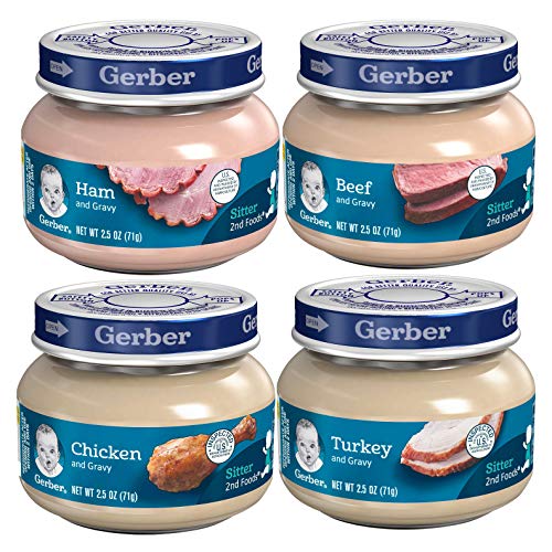 Book Cover Gerber 2nd Foods 12 Total 2.5 Ounce Jars of Each Flavor (3 Turkey & Turkey Gravy, 3 Ham and Ham Gravy, 3 Chicken & Chicken Gravy, 3 Beef and Gravy)