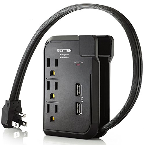 Book Cover BESTTEN Travel Surge Protector Power Strip with 2.4A Dual USB Ports, 3 Grounded Outlets, 15A/125V/1875W, 18-inch Extension Cord, Black