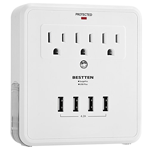 Book Cover Bestten Multi Outlet Wall Mount Adapter Surge Protector with Four (4) USB Charging Ports, 3 Electrical Outlet Extenders and 2 Slide Out Phone Holders