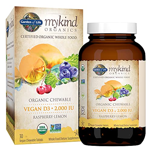 Book Cover Garden of Life Organic Vitamin D - mykind Organics Vegan D3 Chewable - Raspberry Lemon, 2,000 IU (50mcg) Whole Food Vitamin D3 from Lichen Plus Food & Mushroom Blend, Gluten Free, 30 Chewable Tablets