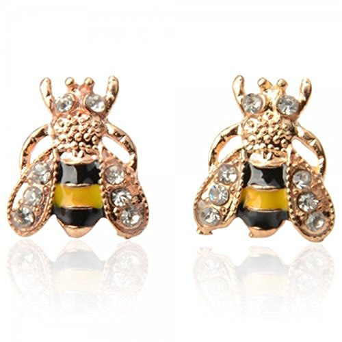 Book Cover CRB For Women Girls Gold Tone Crystal Bumblebee Bumble Honey Bee Stud Earrings