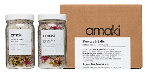 Book Cover Amaki Herbal Bath Soak Blend of Epsom and Dead Sea Salt Infused with Lavender Essential Oil - For Stress Relief, Reduce Sore Muscle, Skin Soothing - Luxury Gift Set of 2, 8 ounces Jars