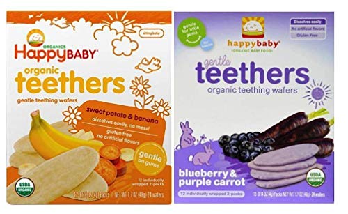 Book Cover Happy Baby Organic Teethers Gentle Teething Wafers 2 Flavor Sampler Bundle: (1) Sweet Potato & Banana Teething Wafers, and (1) Blueberry & Purple Carrot Teething Wafers, 1.7 Oz. Ea. by Happy Baby