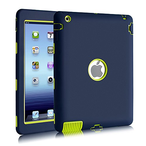 Book Cover iPad 2/3 / 4 Case, Hocase Rugged Slim Shockproof Silicone Protective Case Cover for 9.7 iPad 2nd / 3rd / 4th Generation - Navy Blue/Fluorescent Green
