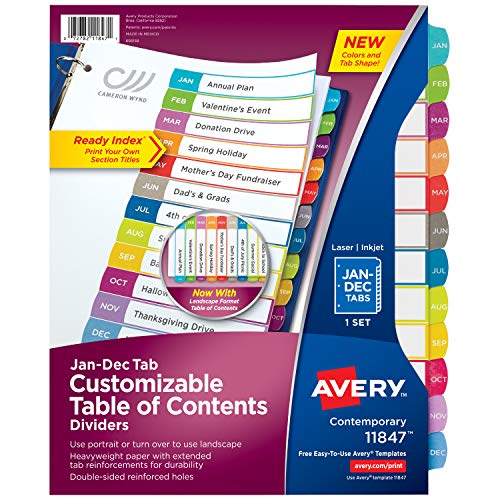 Book Cover Avery 12-tab Dividers for 3 Ring Binders, Customizable Table of Contents, Multicolor Tabs, 1 Set (11847)