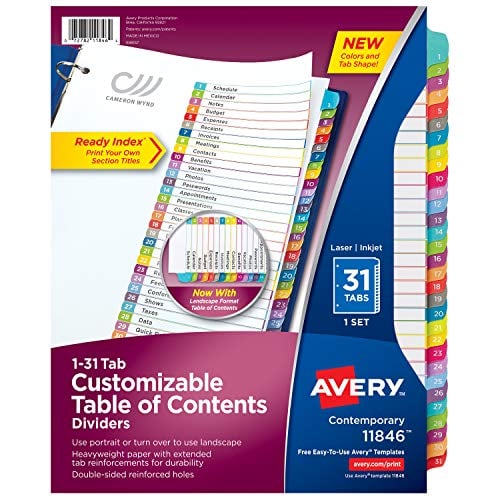 Book Cover Avery 31-tab Dividers for 3 Ring Binders, Customizable Table of Contents, Multicolor Tabs, 1 Set (11846)