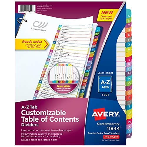 Book Cover Avery A-Z Tab Binder Dividers, Customizable Table of Contents, Contemporary Multicolor Tabs, 1 Set (11844)