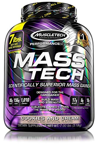 Book Cover MuscleTech Mass Tech Mass Gainer Protein Powder, Build Muscle Size & Strength with High-Density Clean Calories, Cookies & Cream, 7lbs (3.2kg)