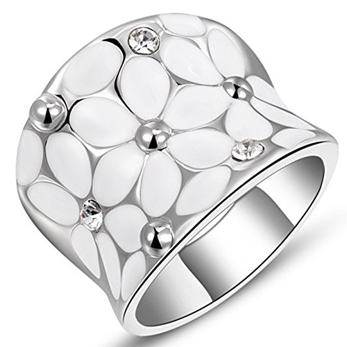 Book Cover Fashion Month Womens Elegant Enamel Flower White Gold Band Bloom Petal Platinum Wedding Engagement Ring Crystal Inlay