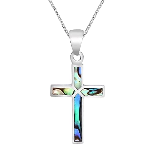 Book Cover AeraVida Iridescent Cross of Faith Abalone Shell .925 Sterling Silver Necklace, 18 inch