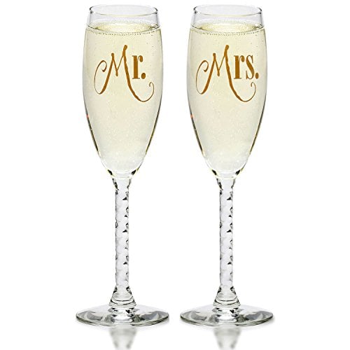 Book Cover Mr. & Mrs. Gold Champagne Flutes With Gift Box - Wedding Glasses For Bride & Groom - Toasting Gift Sets - For Couples - Engagement, Wedding, Anniversary