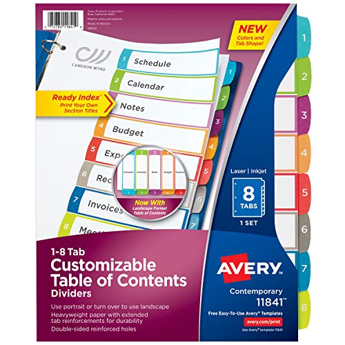 Book Cover Avery 8-Tab Dividers for a 3 Ring Binders, Customizable Table of Contents, Multicolor Tabs, 1 Set (11841)