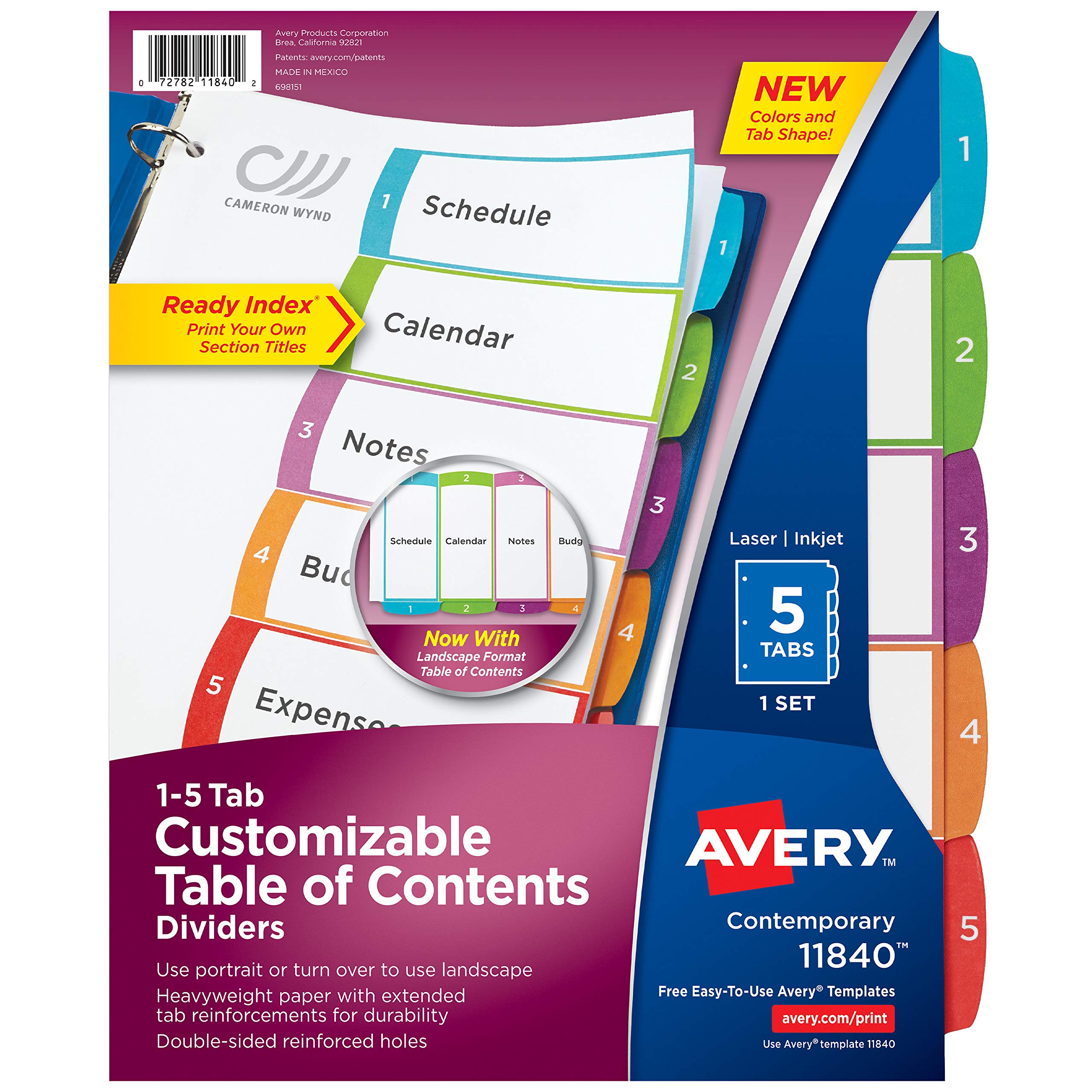 Book Cover Avery Customizable Table of Contents Dividers, 5-Tab Set (11840)