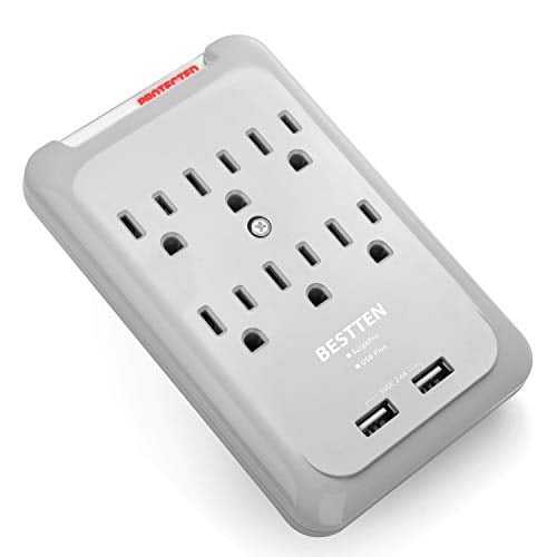 Book Cover BESTTEN 6 Side-Access Wall Tap Outlet with Dual USB Charging Ports (2.1A Shared) and 2 Cell Phone Holders, Wall Mountable 735 Joule Surge Protector, ETL Certified, White