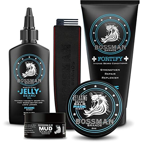 Book Cover Bossman Complete Beard Kit - Men's Beard Oil Jelly, Fortify Shower Conditioner, Balm, Mustache Wax and Comb - Beard Softener, Growth, Care and Grooming Products Kit (Magic)