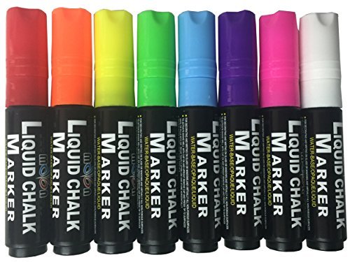 Book Cover Color Liquid Chalk Markers - Extra Wide 10mm Tip - Neon Fluorescent Colors. Reversible Tips. Mega 8 Pack. Chalkboard - Glass - Tile - Plastic - Metal - Posters.