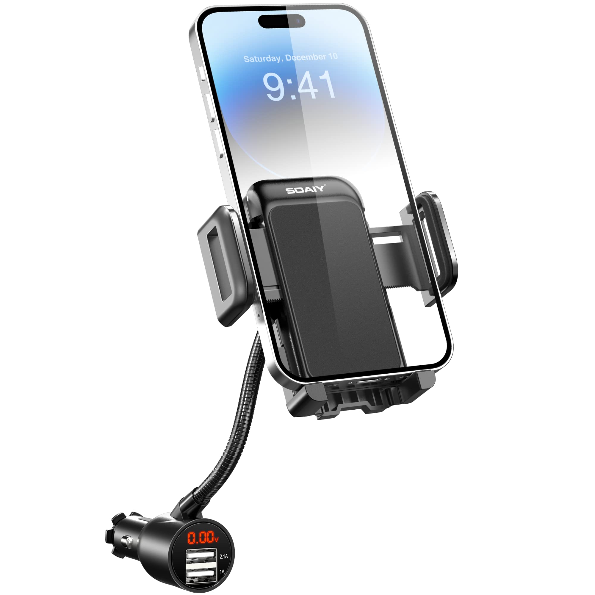 Book Cover 3-in-1 Cigarette Lighter Car Mount + Voltage Detector, SOAIY Car Mount Holder Cradle w/Dual USB 3.1A, Display Voltage Current Compatible with iPhoneXS XS Max XR X 8 7 6s 6 5s Samsung S8 S7 S6 S5