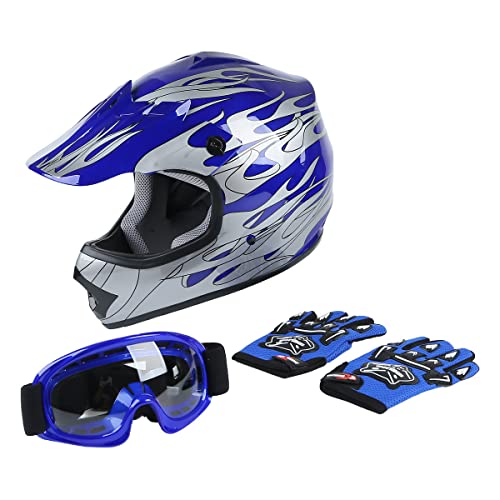 Book Cover DOT Youth Kids Motocross Offroad Street Dirt Bike Helmet Youth Motorcycle ATV Helmet with Goggles Gloves Blue Flame S