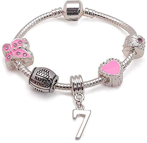 Book Cover Liberty Charms Children's Pink Happy 7th Birthday Silver Plated Charm Bead Bracelet. with Gift Box (6.3in/16cm)