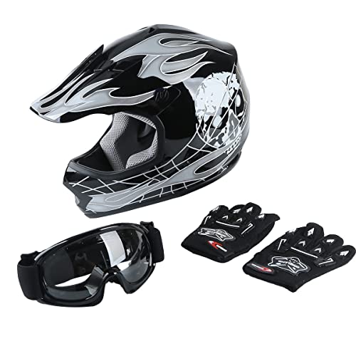 Book Cover DOT Youth Kids Motocross Offroad Street Dirt Bike Helmet Youth Motorcycle ATV Helmet with Goggles Gloves Black Skull M