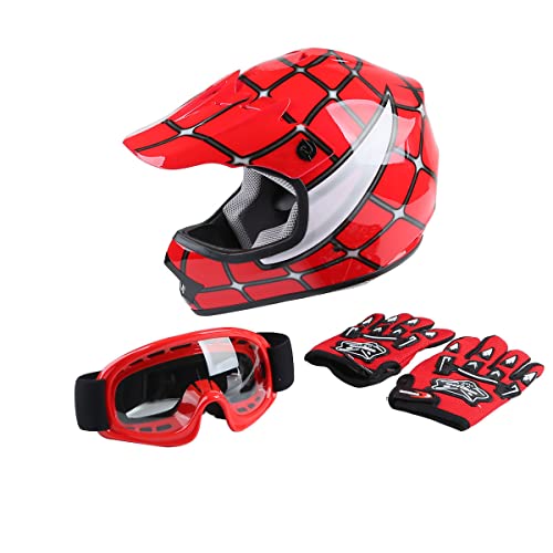 Book Cover XFMT DOT Youth Kids Motocross Offroad Street Dirt Bike Helmet Youth Motorcycle ATV Helmet with Goggles Gloves Red Spider M