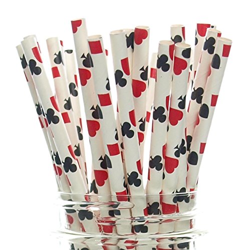 Book Cover Las Vegas Game Night Casino Straws (25 Pack) - Red & Black Playing Cards Color Party Favors, Cake Pop Sticks, Gambling Polka Dot Straws - Clubs, Spades, Hearts, Diamonds Party Supplies