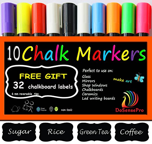Book Cover Liquid Chalk Markers Neon colors - 10 Car Window Markers Including 2 White + 32 Chalkboard Labels, for Restaurants, Bistro, Office, Home, Art, Weddings Party Decorations by DoSensePro