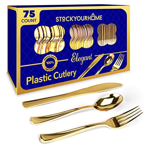 Book Cover 75 Pieces Heavy Duty (Gold) Plastic Silverware Set, Disposable Cutlery Set, Great for Parties, Weddings, and Catering, Flatware Utensils Included: 25 Forks, 25 Spoons, 25 Knives, Stock Your Home