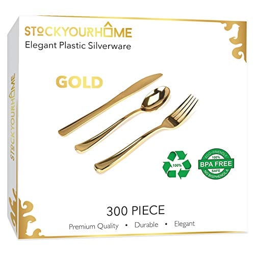 Book Cover 300 Plastic Silverware Set, Gold Plastic Cutlery Set, Gold Party Utensils - 100 Gold Plastic Forks, 100 Gold Plastic Spoons, 100 Gold Plastic Knives