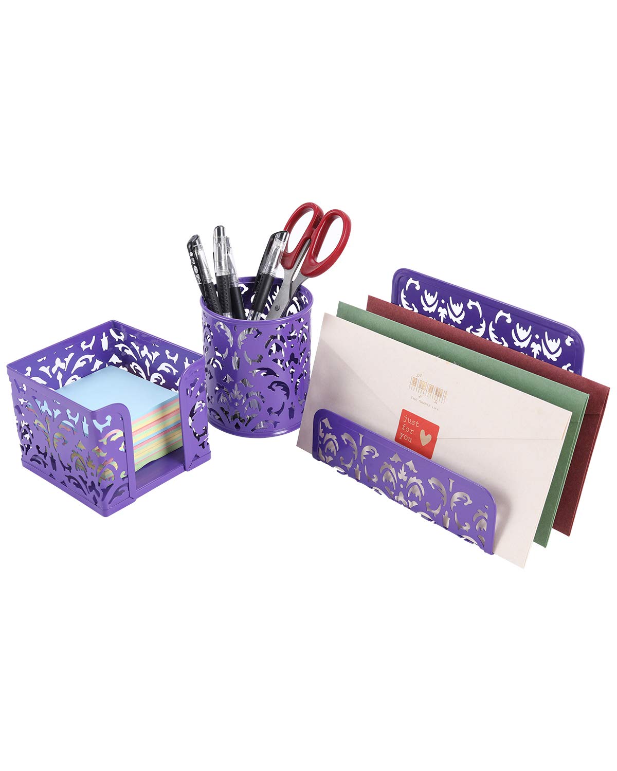 Book Cover EasyPAG Cute Office Supplies 3 Piece Desk Organizer and Accessories Set - Letter Sorter, Pen Holder,Sticky Notes Holder,Purple
