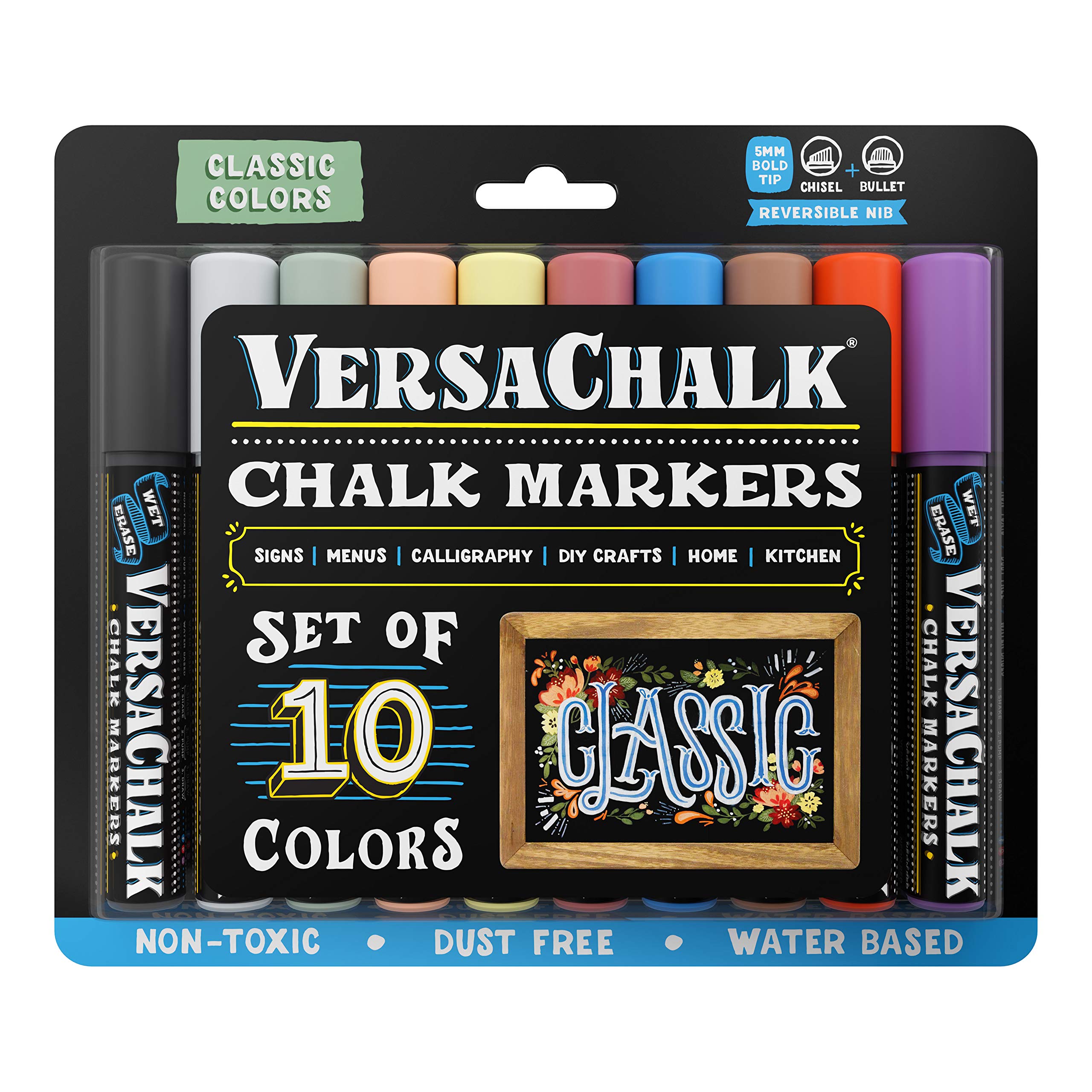 Book Cover VersaChalk Classic Liquid Chalk Markers for Blackboards (10 Pack, 5mm, Bold Tip) - Erasable Washable Chalk Pens for Chalkboard Signs, Windows, Glass, Events, Schools, Office Supplies, and Business Bold 5mm Classic Colors