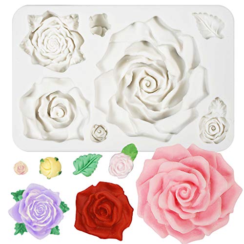 Book Cover Large Roses and Flower Bud Fondant Candy Silicone Mold for Cake Decoration, Cupcake Topper, Chocolate, Epoxy Resin Jewelry Casting, Homemade Soap, Candle Making, 7 Cavity Sizes Assortment 13x8.6x2.3cm