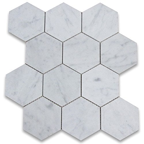 Book Cover Carrara White Italian Carrera Marble Hexagon Mosaic Tile 4 inch Honed