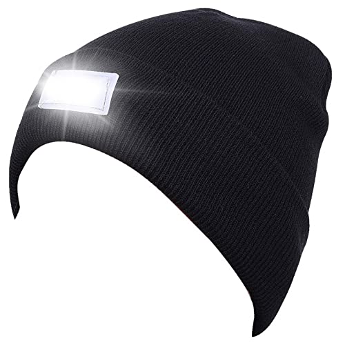 Book Cover SnowCinda Unisex 5 LED Knitted Flashlight Beanie Hat/Cap for Hunting, Camping, Grilling, Auto Repair, Jogging, Walking, or Handyman Working - One Size Fits Most (Black)
