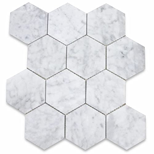 Book Cover Stone Center Online Carrara White Marble 4 inch Hexagon Mosaic Tile Polished Kitchen Bath Wall Floor Backsplash Shower (1 Sheet)
