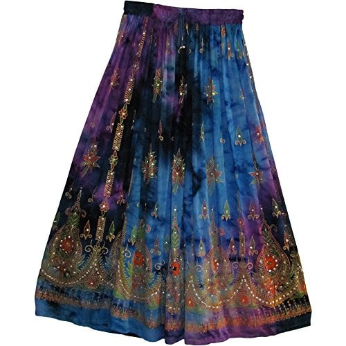 Book Cover Womens Indian Sequin Crinkle Broomstick Gypsy Long Skirt (Blue/Purple Tones)