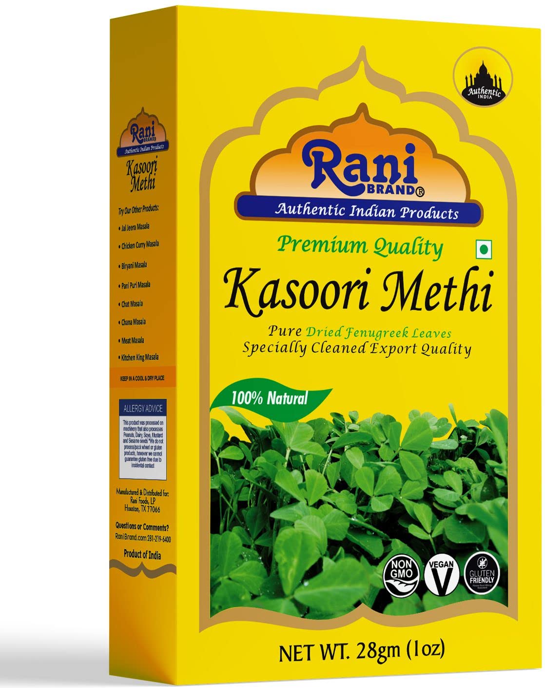 Book Cover Rani Fenugreek Leaves Dried (Kasoori Methi) 1oz (28g) ~ All Natural | Vegan | Gluten Friendly | NON-GMO | Indian Origin 1 Ounce (Pack of 1)
