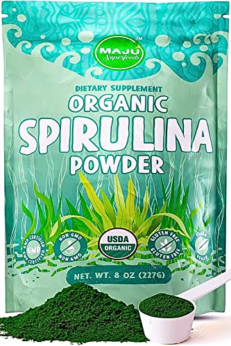 Book Cover MAJU's Organic Spirulina Powder .5 lb, Microcystin Free, Non-Irradiated, Preferred to Chlorella, Preferred to Hawaiian & Blue Algae, Pure Vegan Green Protein